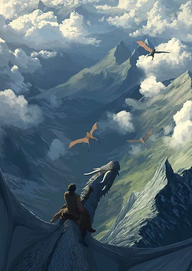 Dragon Rider Over Mountainous Landscape