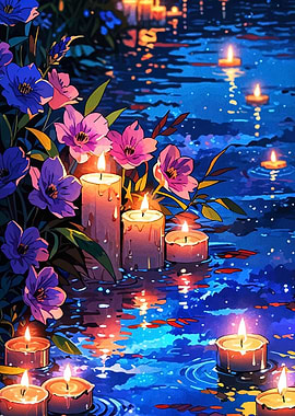 Candles and Flowers on Water