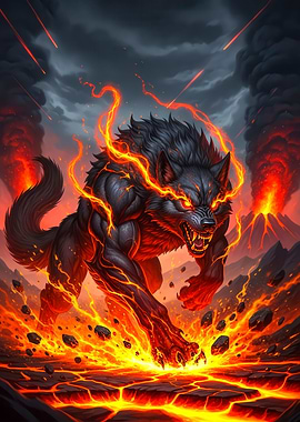 Fiery Wolf in Volcanic Landscape