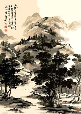 Chinese Landscape Painting with Mountains