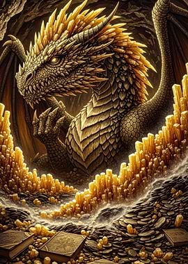 Golden Dragon in Cave with Crystals