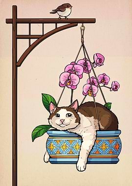 Cat in Hanging Flower Pot
