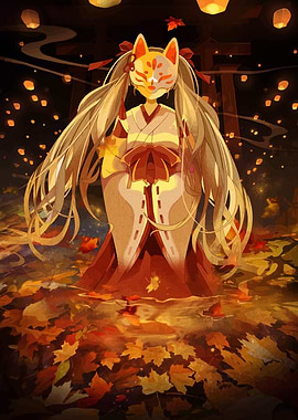 Anime Girl with Kitsune Mask