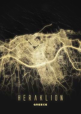 Heraklion, Greece - Illuminated City Map Poster, Nightscape Street Art