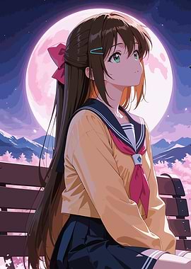 Anime Girl Under Pink Moon