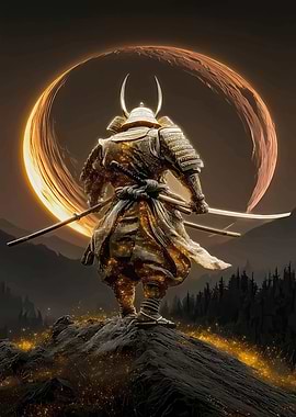 Golden Samurai Warrior with Crescent Moon