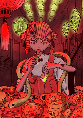 Asian-inspired girl with snake and food
