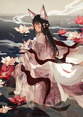 Fox Girl in Lotus Pond