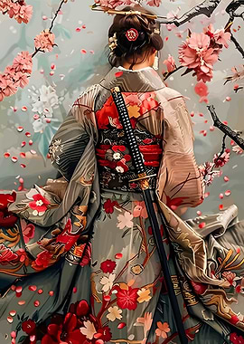 Geisha with Katana and Cherry Blossoms