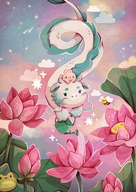 Cute Dragon with Lotus Flowers