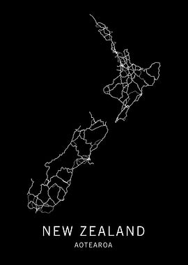 New Zealand Road Map - White on Black