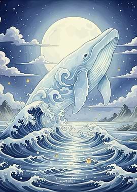 Whale breaching ocean moonlight