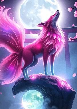 Pink Fox Howling at the Moon