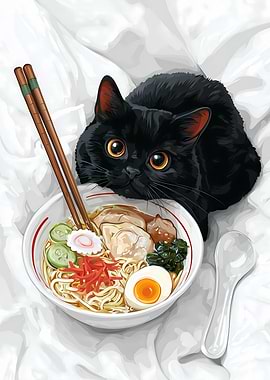 Black Cat with Ramen Bowl