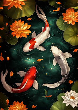 Koi Fish and Lotus Pond