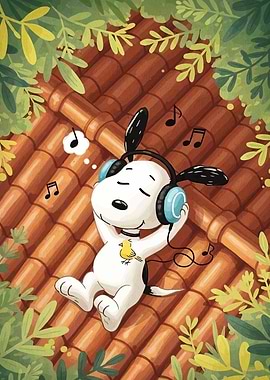 Snoopy Listening to Music on Roof