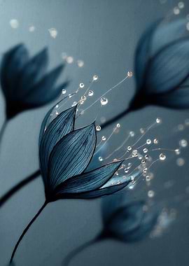 Blue Floral with Water Droplets
