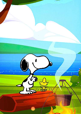 Snoopy and Woodstock Camping Illustration
