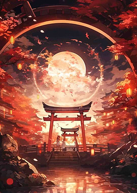 Japanese Torii Gate with Full Moon