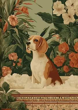 Beagle in Floral Bathtub