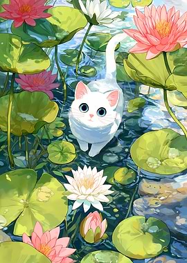 White Cat in Lily Pond