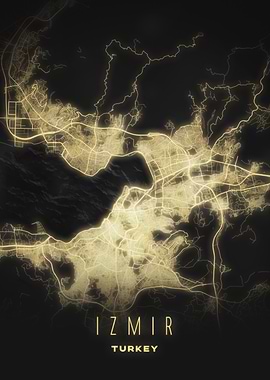 Izmir, Turkey - Glowing Night City Map Poster, Modern Urban Art
