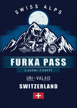 Retro Furka Pass Poster ,Swiss Alps Motorcycle Art , Vintage Biker Adventure Print