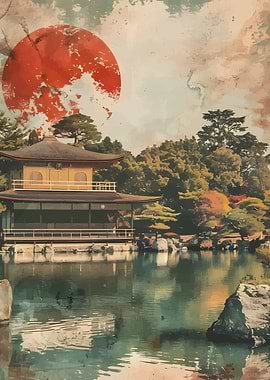 Japanese Temple with Red Sun