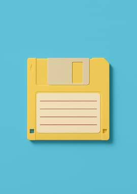 Yellow Retro Floppy Disk on Blue Background