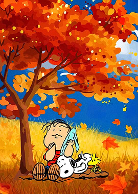 Linus, Snoopy, and Woodstock in Autumn
