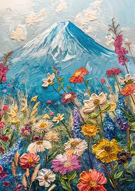 Mountain and Flowers Textured Painting