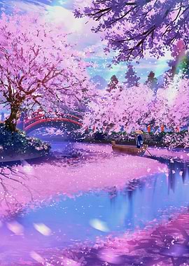 Cherry Blossom River Scene