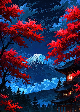 Mount Fuji with Red Maple Trees