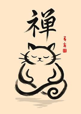 Zen Cat Meditation Ink Drawing
