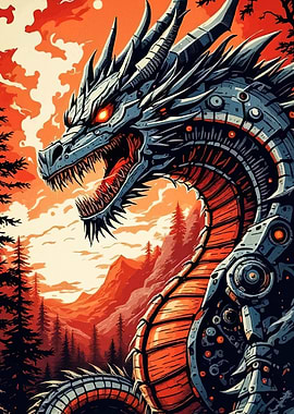 Mechanical Dragon Fiery Landscape