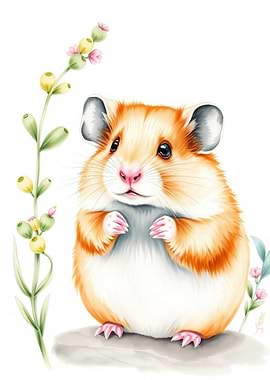 Watercolor Hamster with Floral Accent