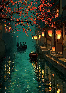 Japanese Canal at Night with Lanterns