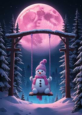 Snowman on Swing with Pink Moon