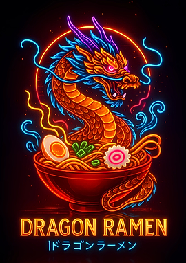 Neon Dragon Ramen Bowl Illustration