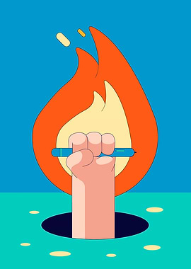 Hand Holding Pen with Flame