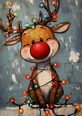 Cartoon Reindeer with Christmas Lights Painting