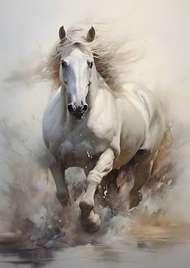 White Horse Galloping Through Water