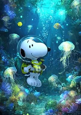 Snoopy underwater adventure with jellyfish