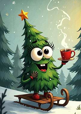Cartoon Christmas Tree with Coffee