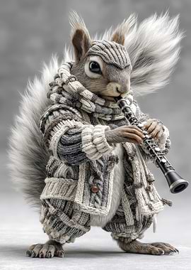 Squirrel playing clarinet in knitted outfit