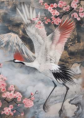 Japanese Crane with Cherry Blossoms Painting