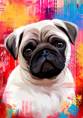 Pug Portrait with Colorful Abstract Background