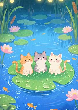 Cats on Lily Pad Pond Illustration