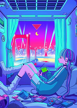 Anime Girl Gaming in Neon Room