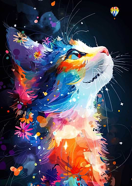 Colorful Cat with Flowers and Balloon